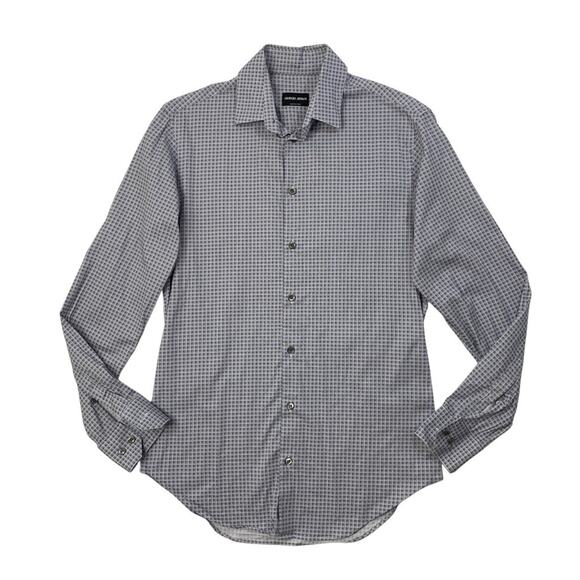 Giorgio Armani Shirt Mens 15 Slim Grey Plaid Long Sleeve Formal Dress Made Italy - Picture 1 of 10